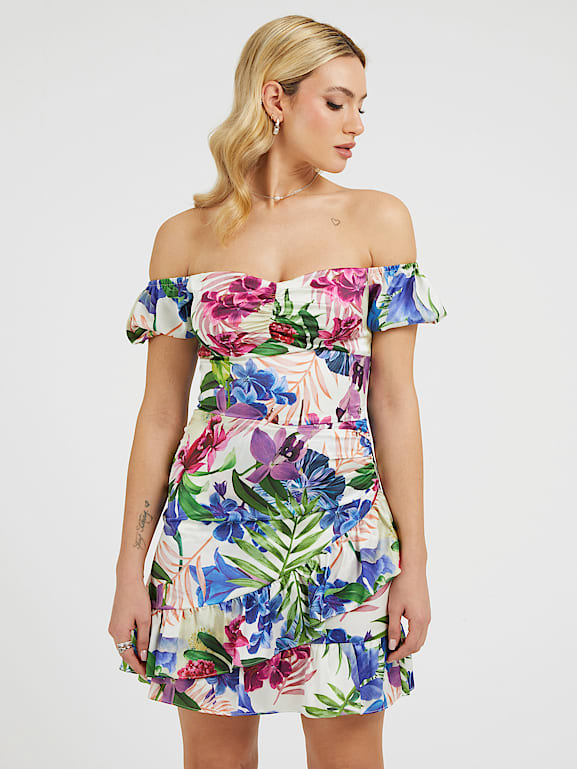 Guess printed off the shoulder dress hot sale