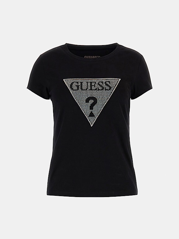 GUESS® Rhinestones triangle logo stretch t-shirt Women
