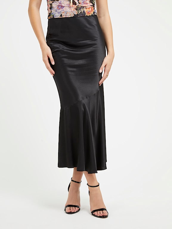 Black satin shop flare skirt