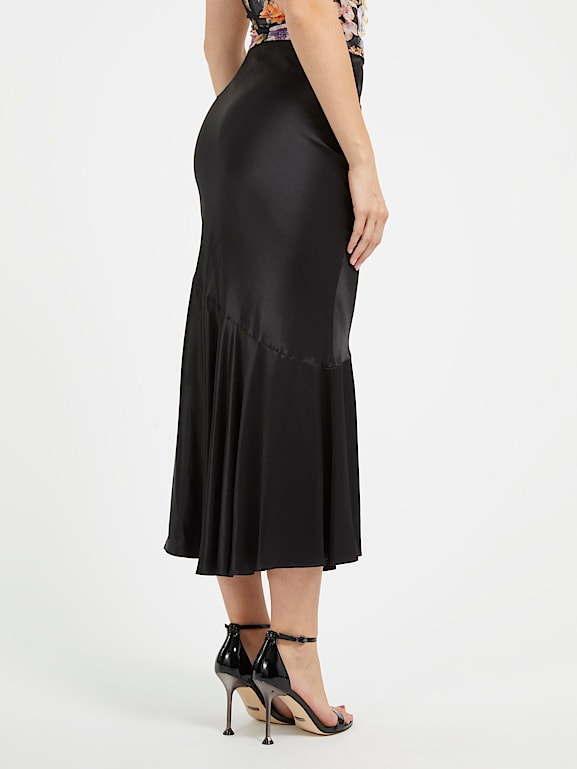 Black satin flare skirt online