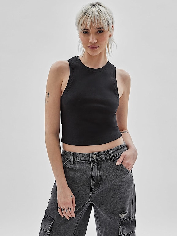 Basic Black Rib Cropped Vest, Tops