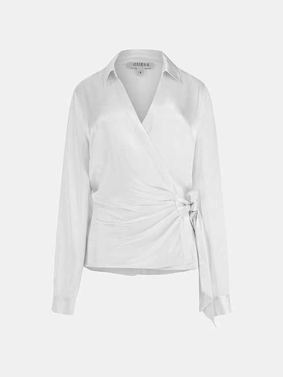 White satin wrap blouse on sale