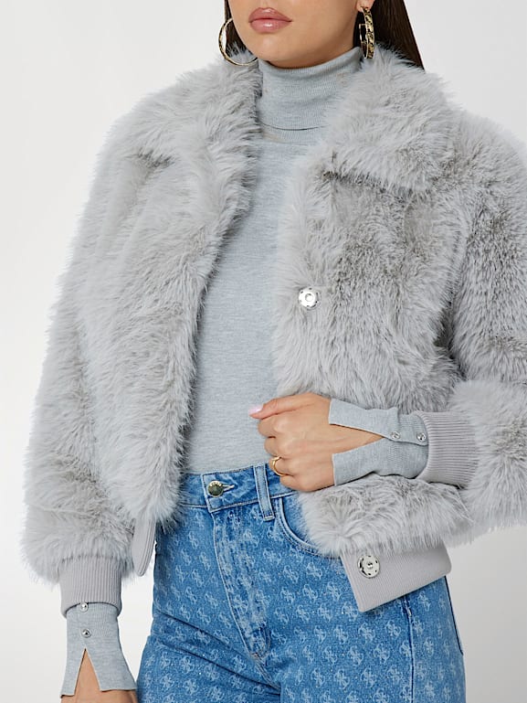 Grey fur bomber jacket new arrivals