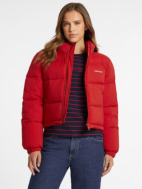 Cropped red puffer hot sale