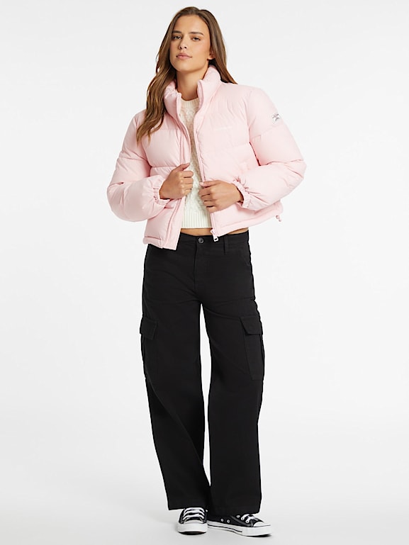 Hot pink cropped puffer jacket deals