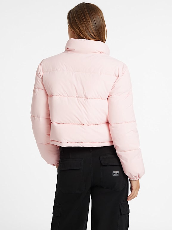Pink cropped puffer jacket hot sale