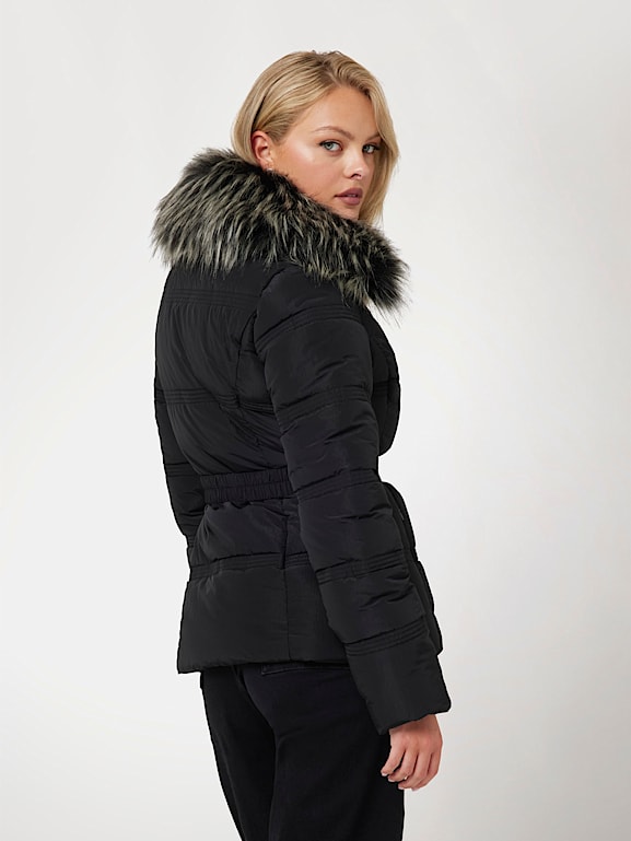 Black faux fur collar puffer jacket clearance