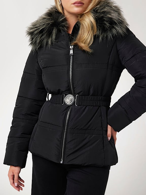 Black faux fur collar puffer jacket outlet