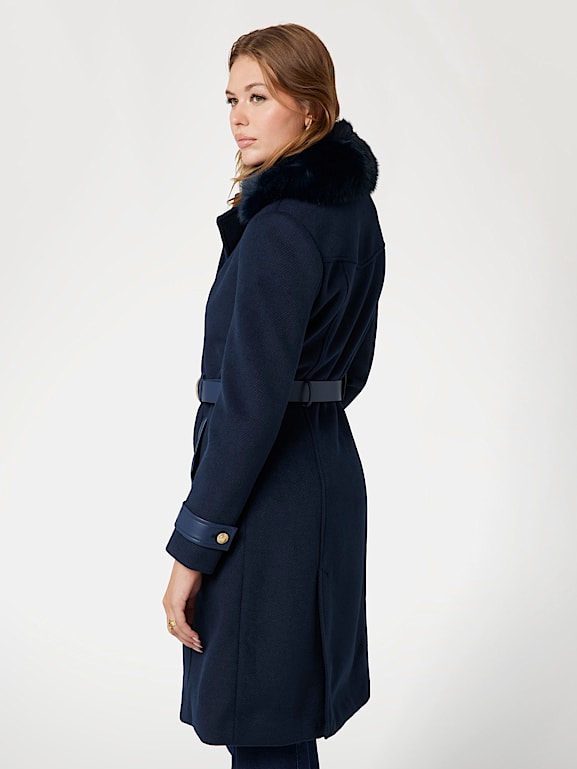 Navy faux fur collar coat new arrivals