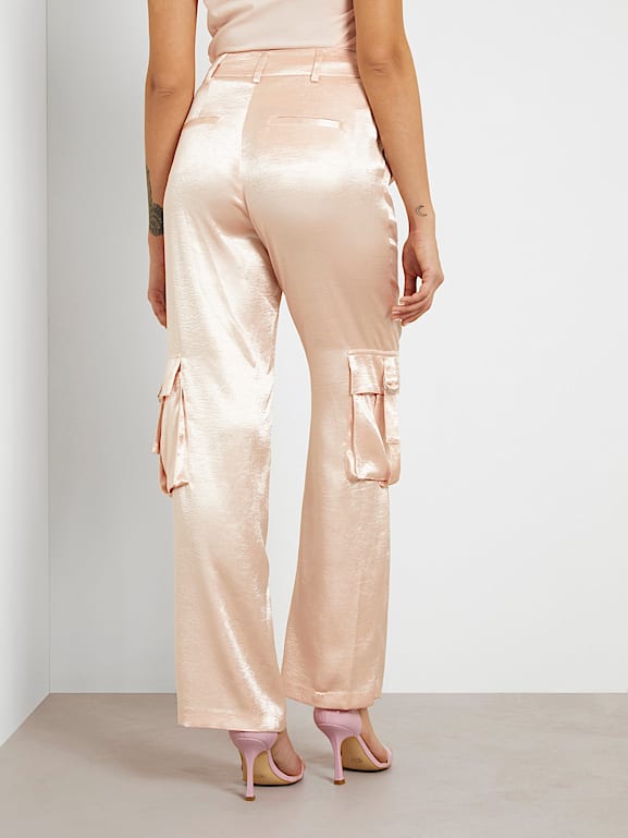 Mid Rise Satin Wide-Leg Cargo Pants