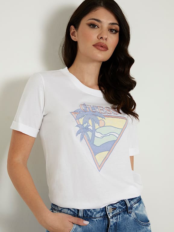 Guess triangle logo t shirt women's clearance