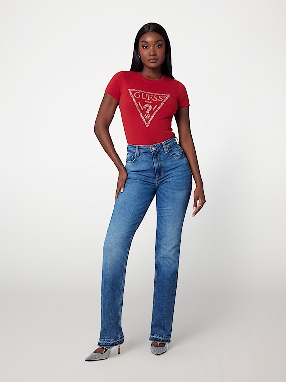 GUESS® T-shirt z trójkątnym logo z cyrkoniami Kobieta