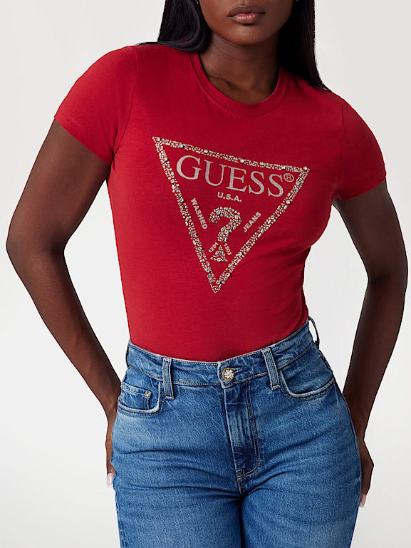かわいい！ trójkątnym z T-shirt GUESS® logo Kobieta cyrkoniami z ゲームセンター・ゲームカード