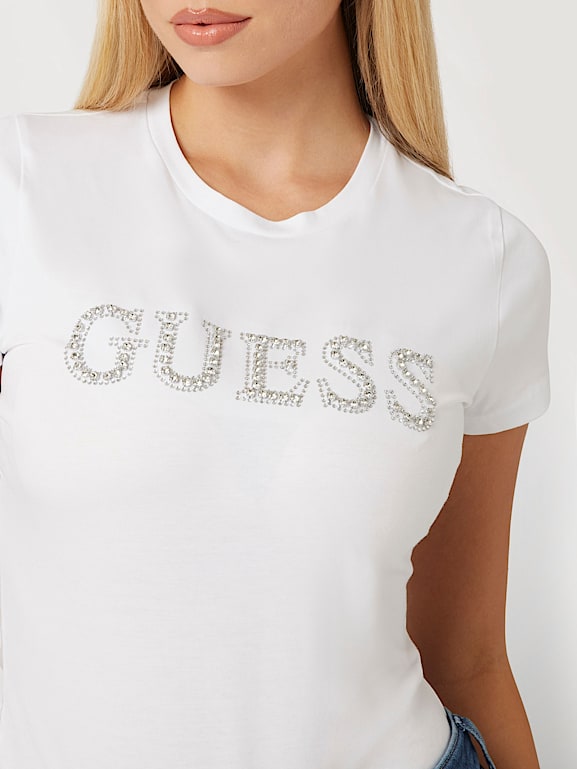 GUESS® T-shirt elástica logo à frente com strass