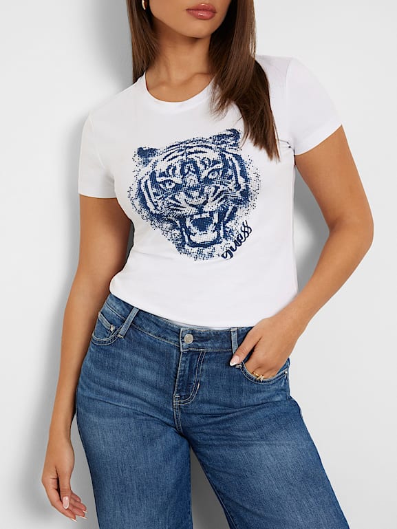 GUESS Onu bask l stretch t shirt Kad n
