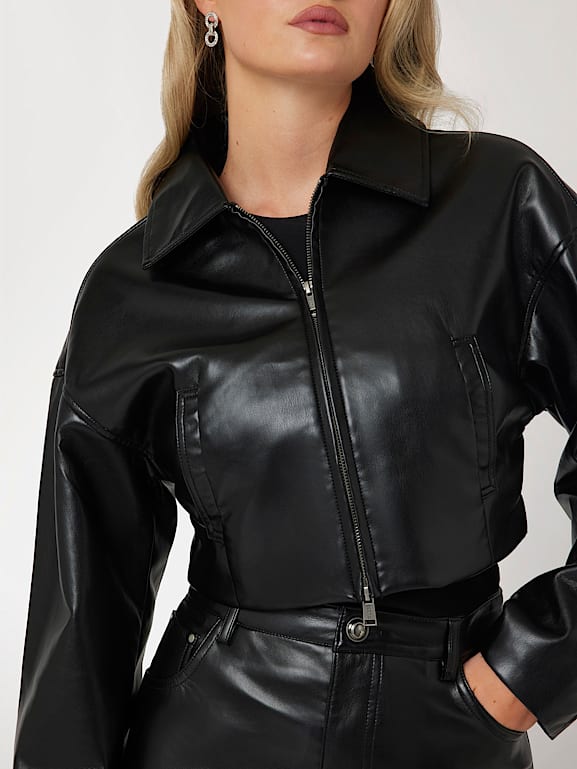 GUESS Giubbotto Blouson In Ecopelle Con Collo Coreano, Zip E Inserti In Neoprene, Nero