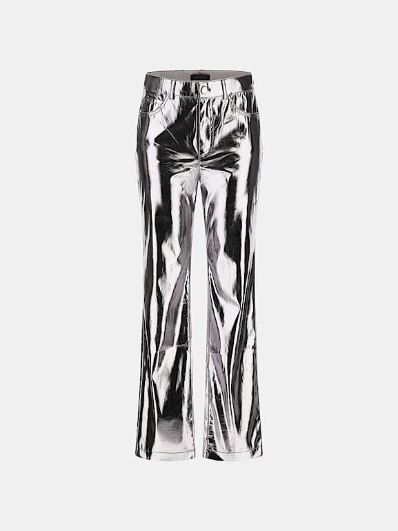 Silver Metallic Faux Leather Straight Leg Pants