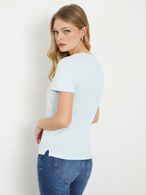 Guess camiseta de mujer, manga corta con logotipo Icon Aplicaciones Talla S  Color BLUE