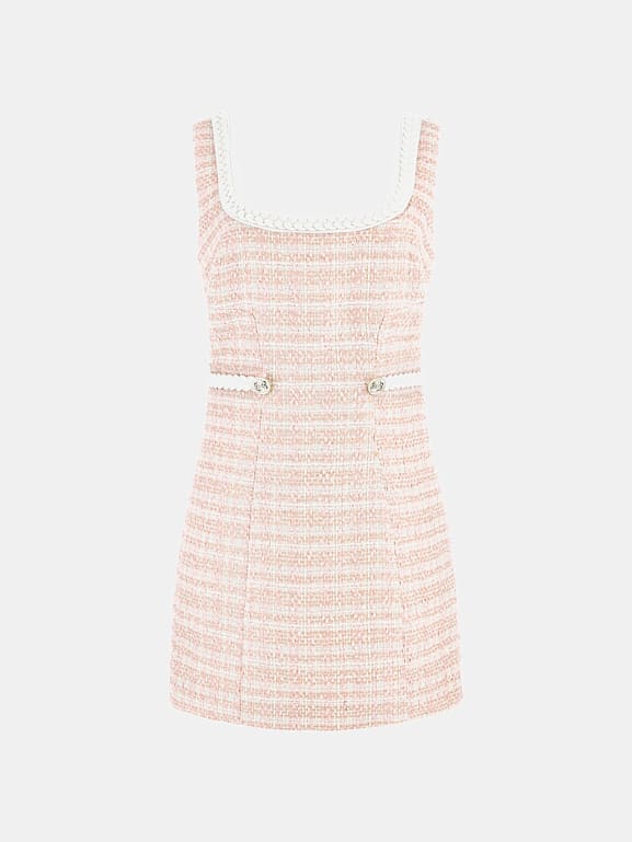 Tweed Foldover Mini Dress-Pink