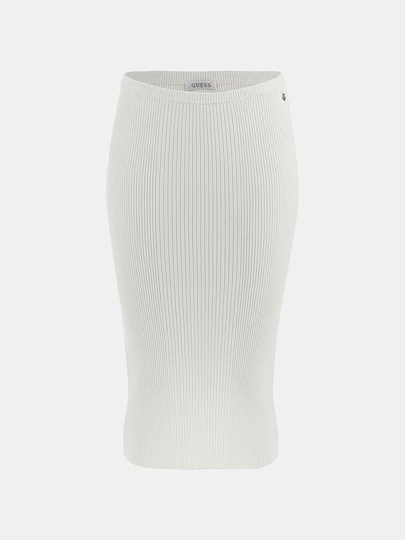 White ribbed knit midi skirt on sale