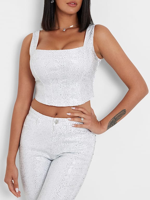 GUESS Rhinestones denim bustier top Women