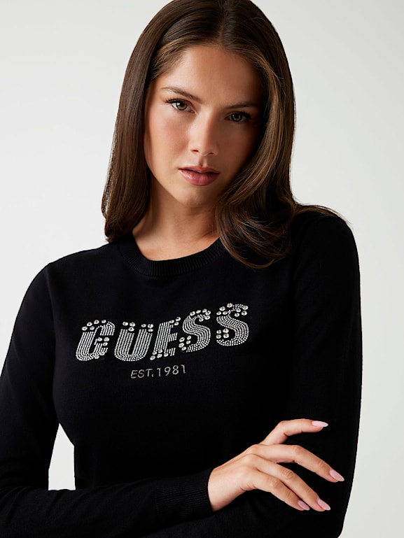 YXNGBRATZ ロゴニット GUESS® Rhinestone front logo sweater Women