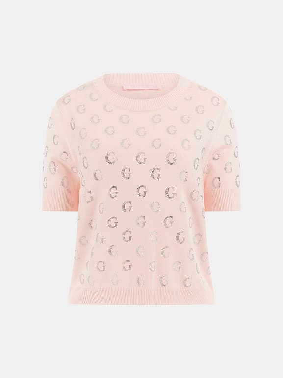 GUESS® Cropped rhinestone logo sweater Women