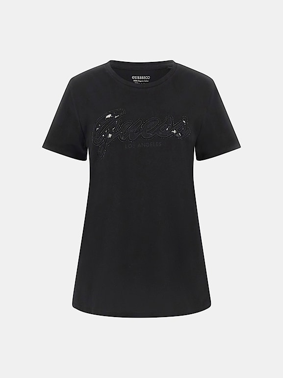 GUESS Embellished Logo T-Shirt キラキラ ロゴ Ｔシャツ Guess Embellished Logo T-Shirt ($15) ❤ liked on Polyvore