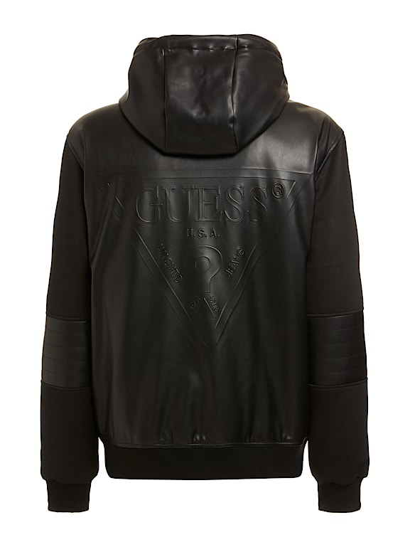 Faux leather hooded outlet bomber jacket