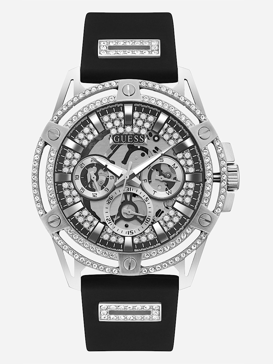 GUESS US - Reloj multifunción de silicona plateada y negra para hombre