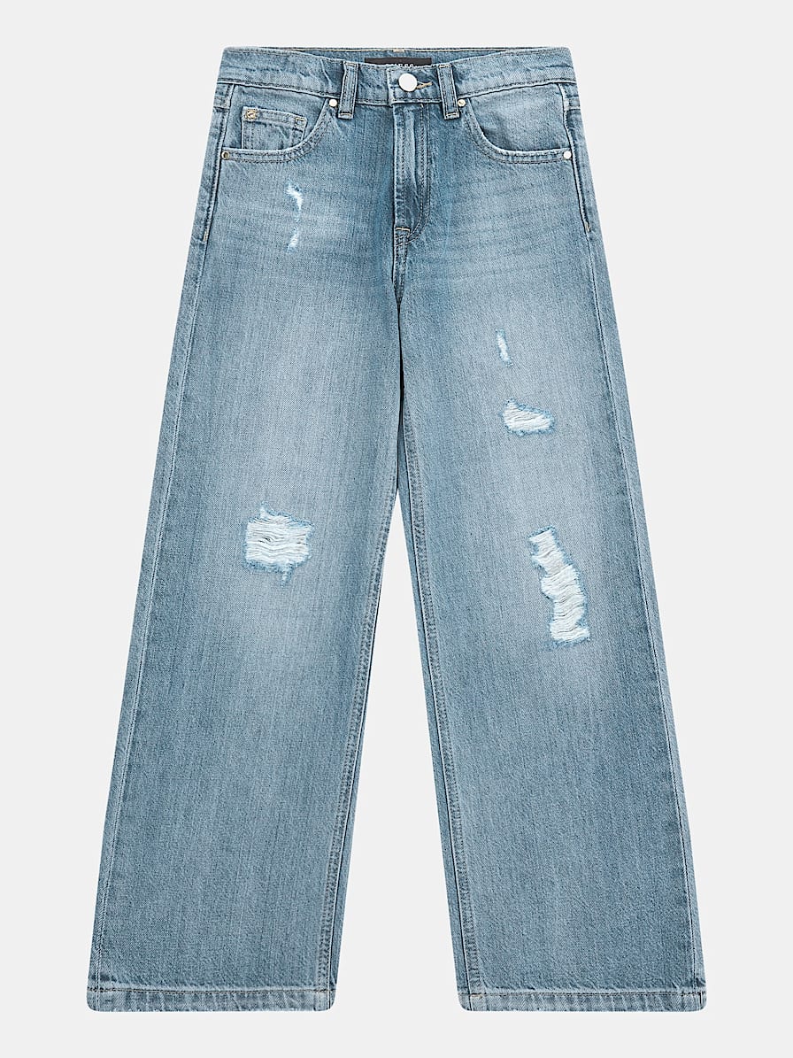 Расклешенные джинсы с завышенной талией и потертостями