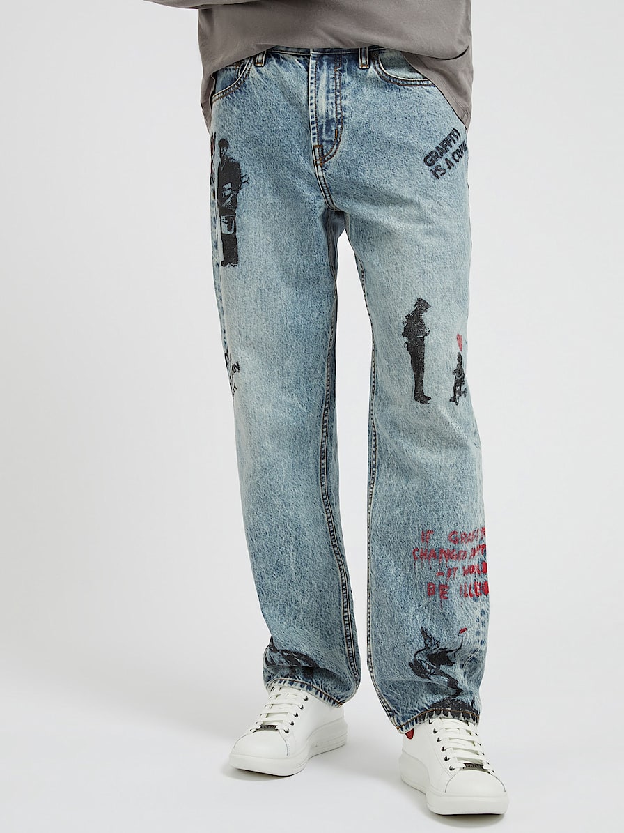 Denimowe spodnie z printem fason carpenter