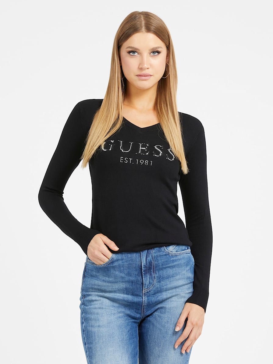 Sudadera GUESS con Logo de Estrás Blanca Mujer