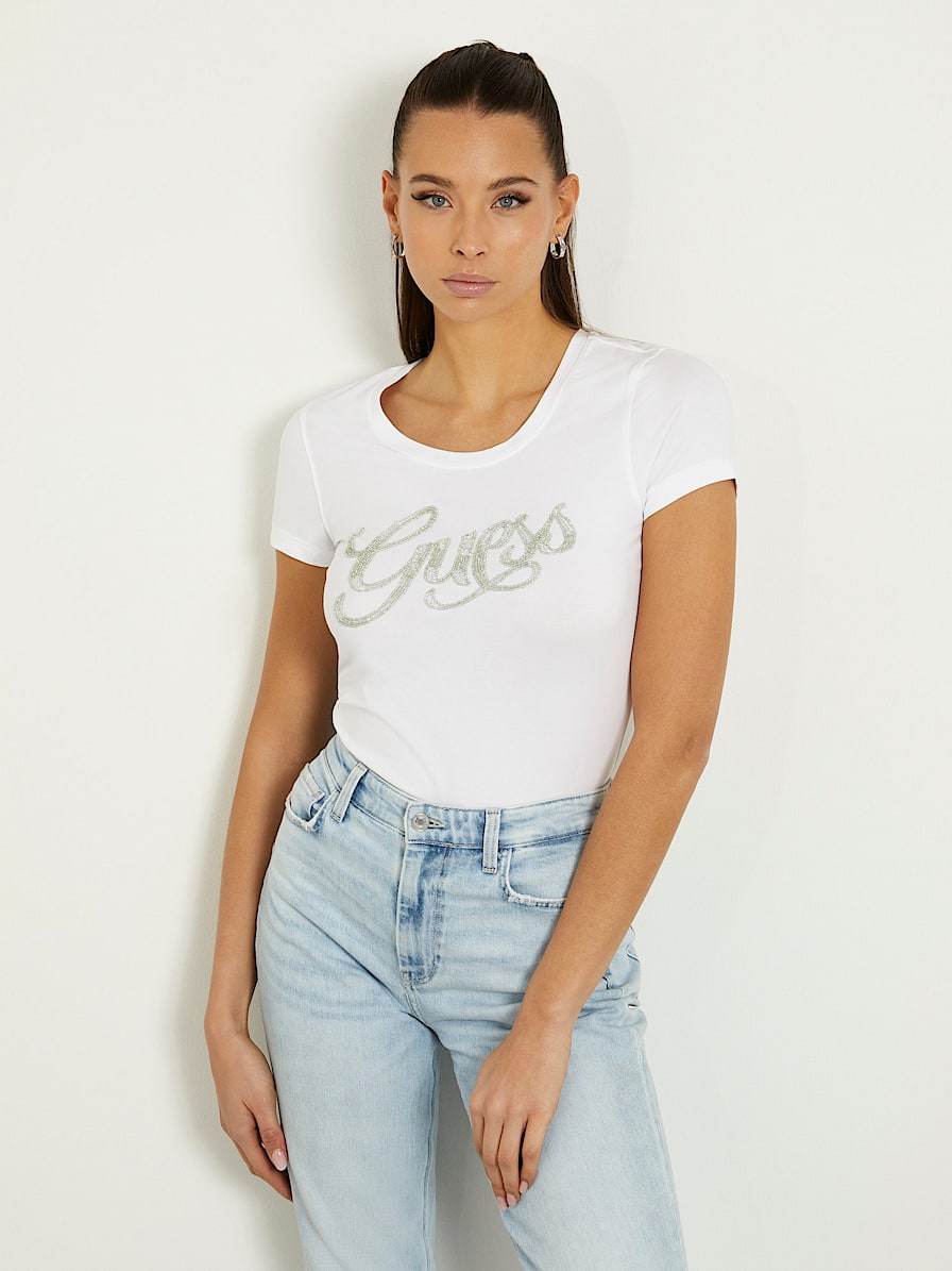 Camiseta blanca manga corta logo Guess- SS CN AMALUR Tee Camisetas blancas  Mujer Guess- Online