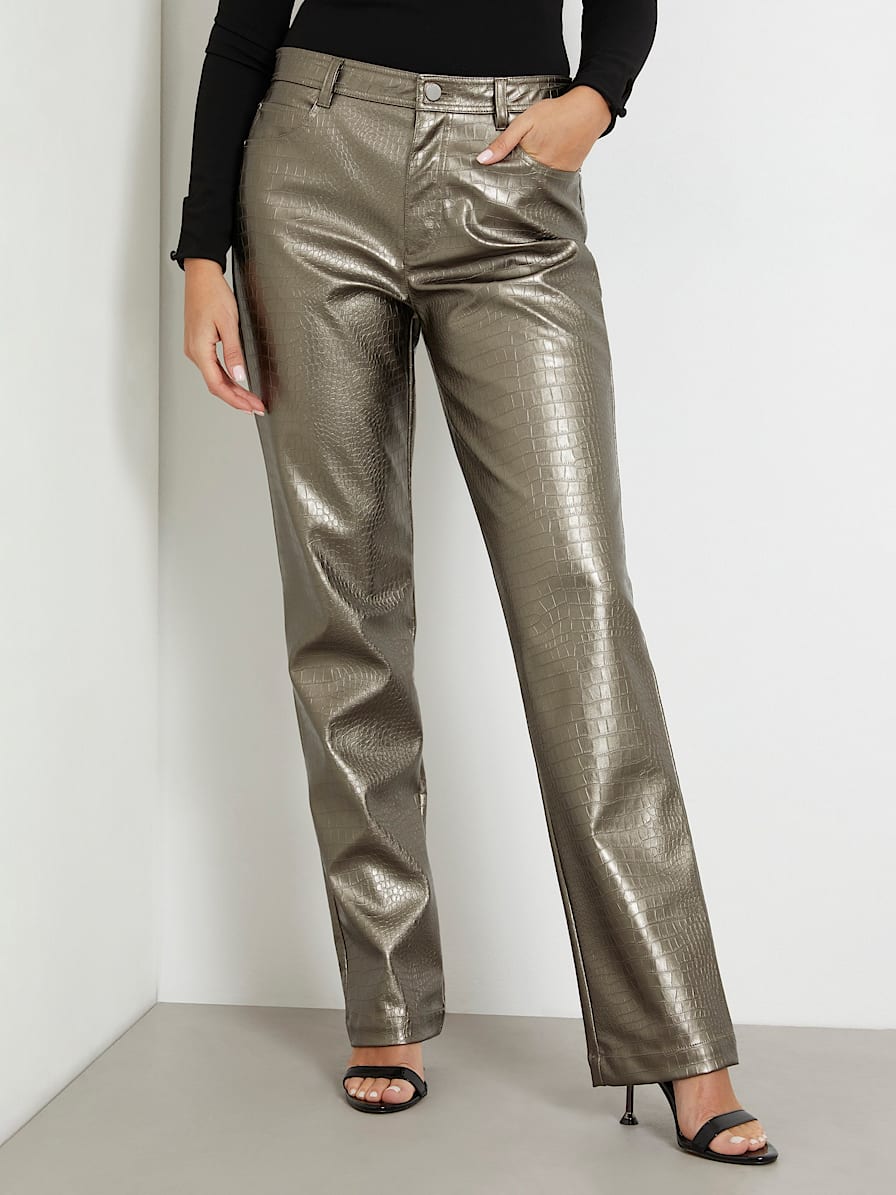 Metallic faux leather straight pant