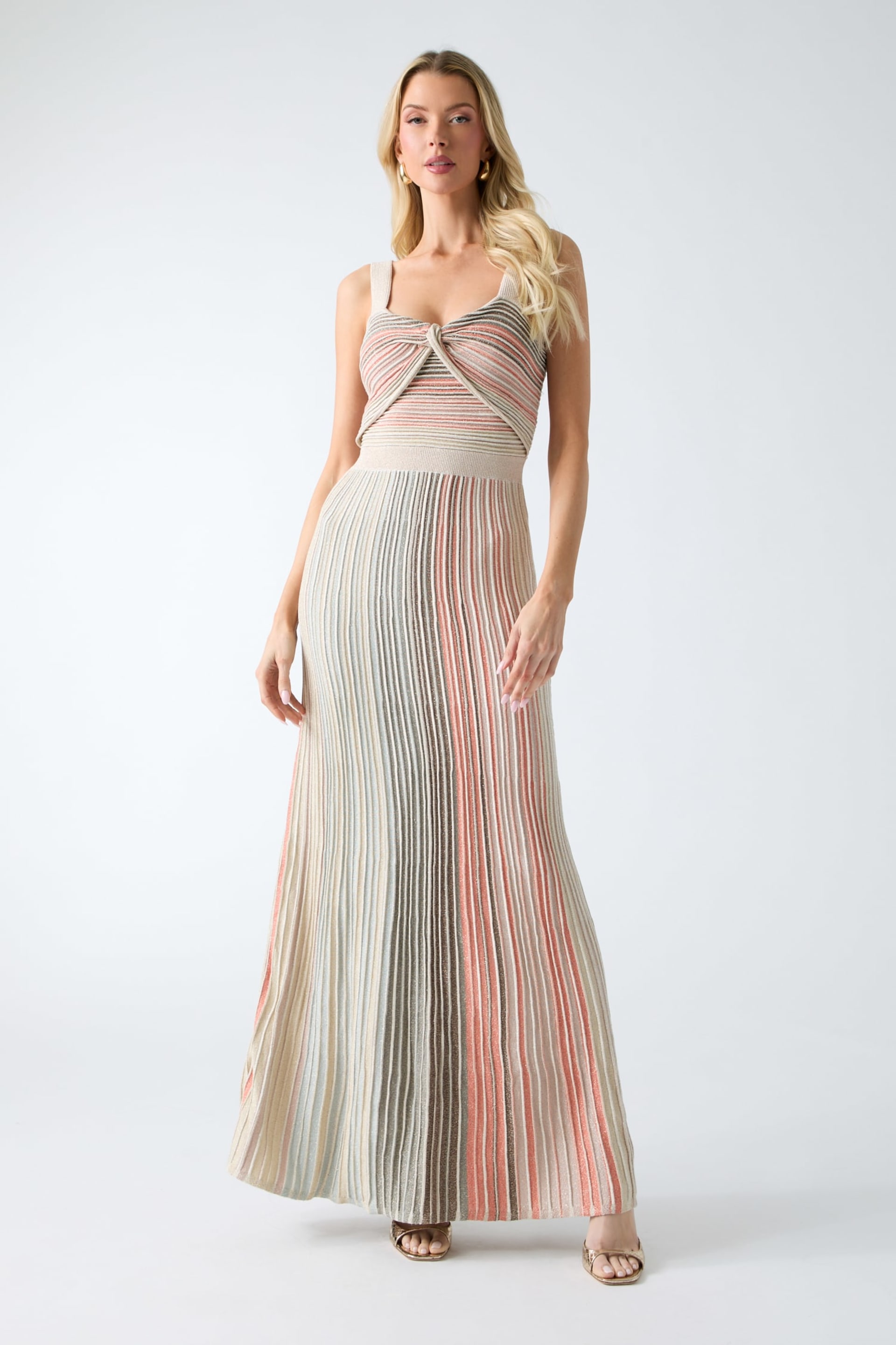 guess metallic-striped faux-wrap maxi dress Guess Metallic-Striped Faux-Wrap Maxi Dress
