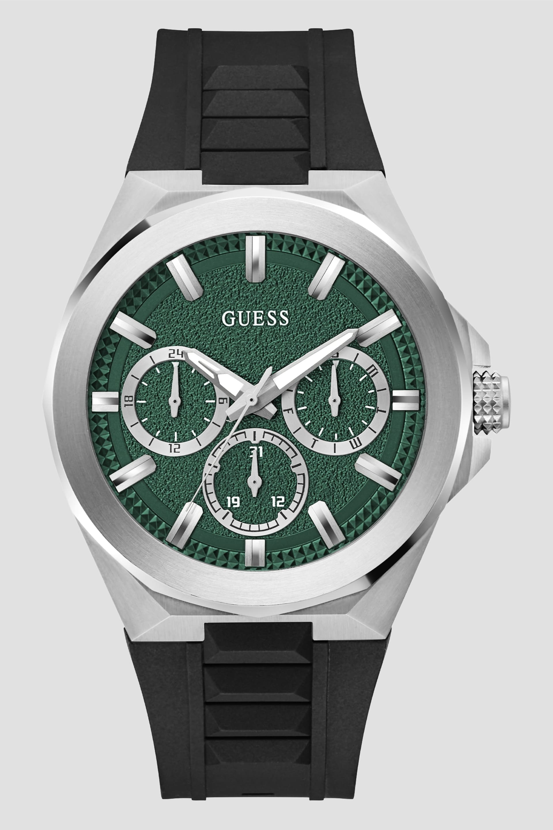 GUESS® Silver-Tone and Green Multifunction Watch Men