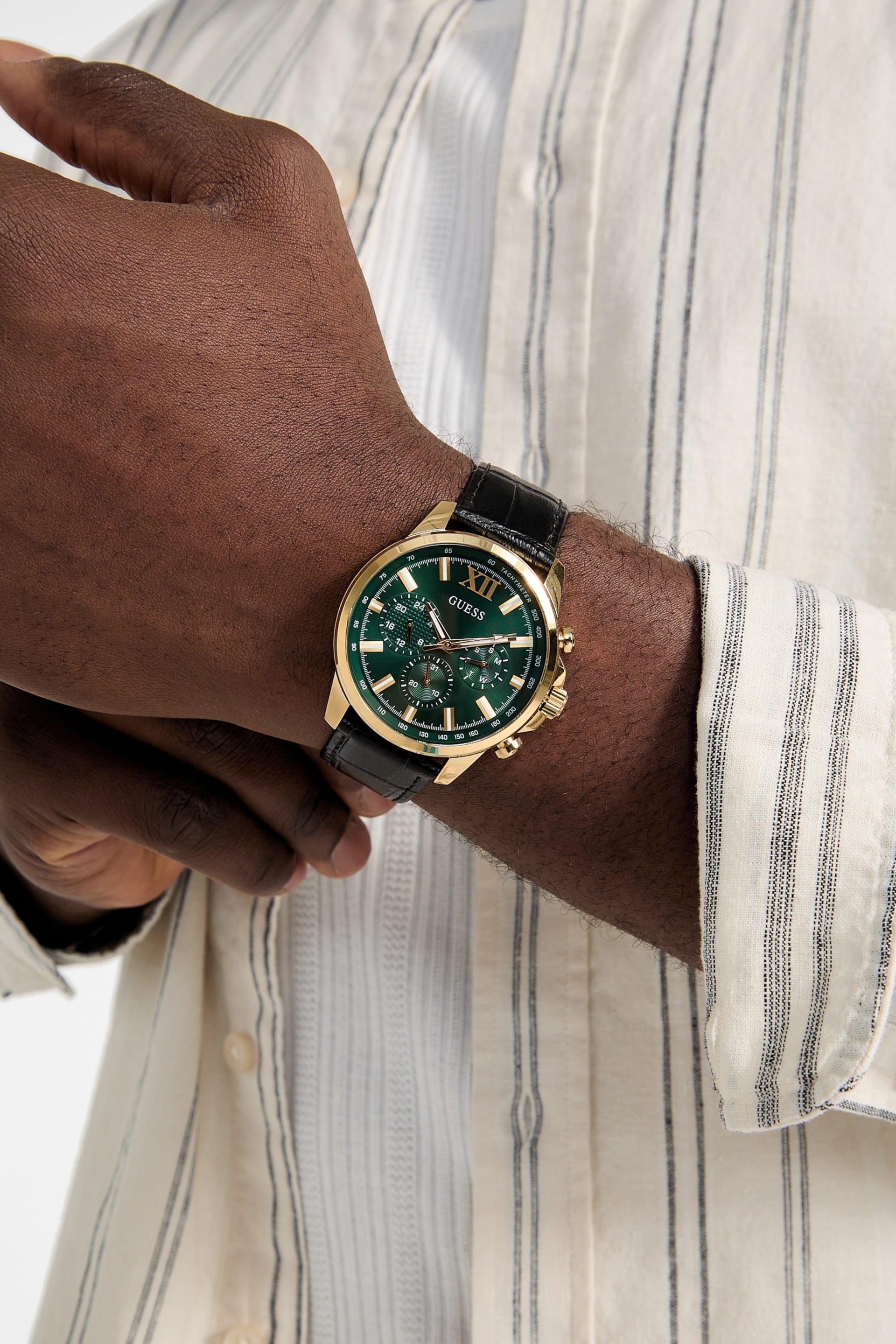 GUESS® Gold-Tone Leather Multifunction Watch Men