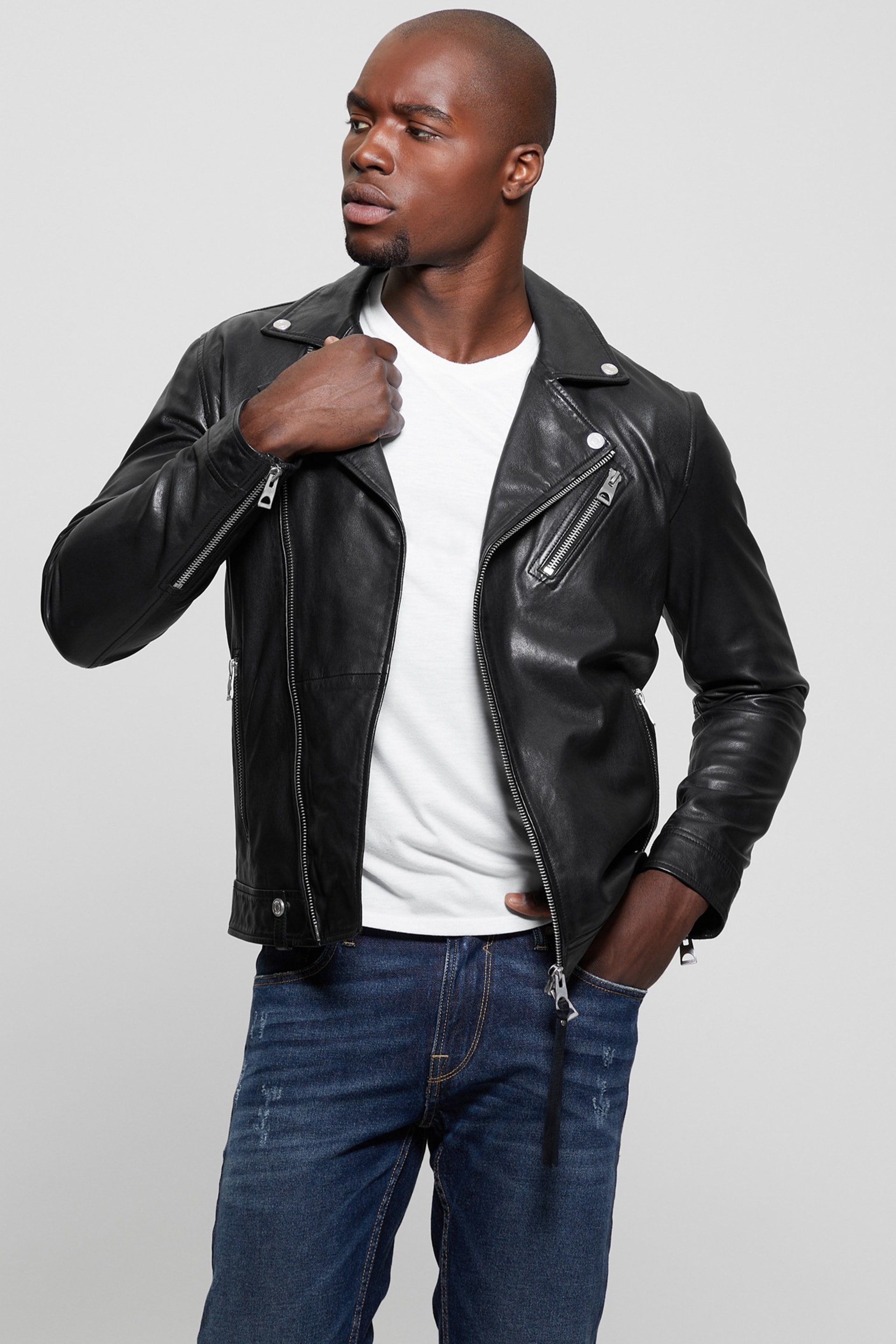 ジャケット・アウター NOKCHAmannish middle leather like jacket M2YL12L0QN0-JBLK