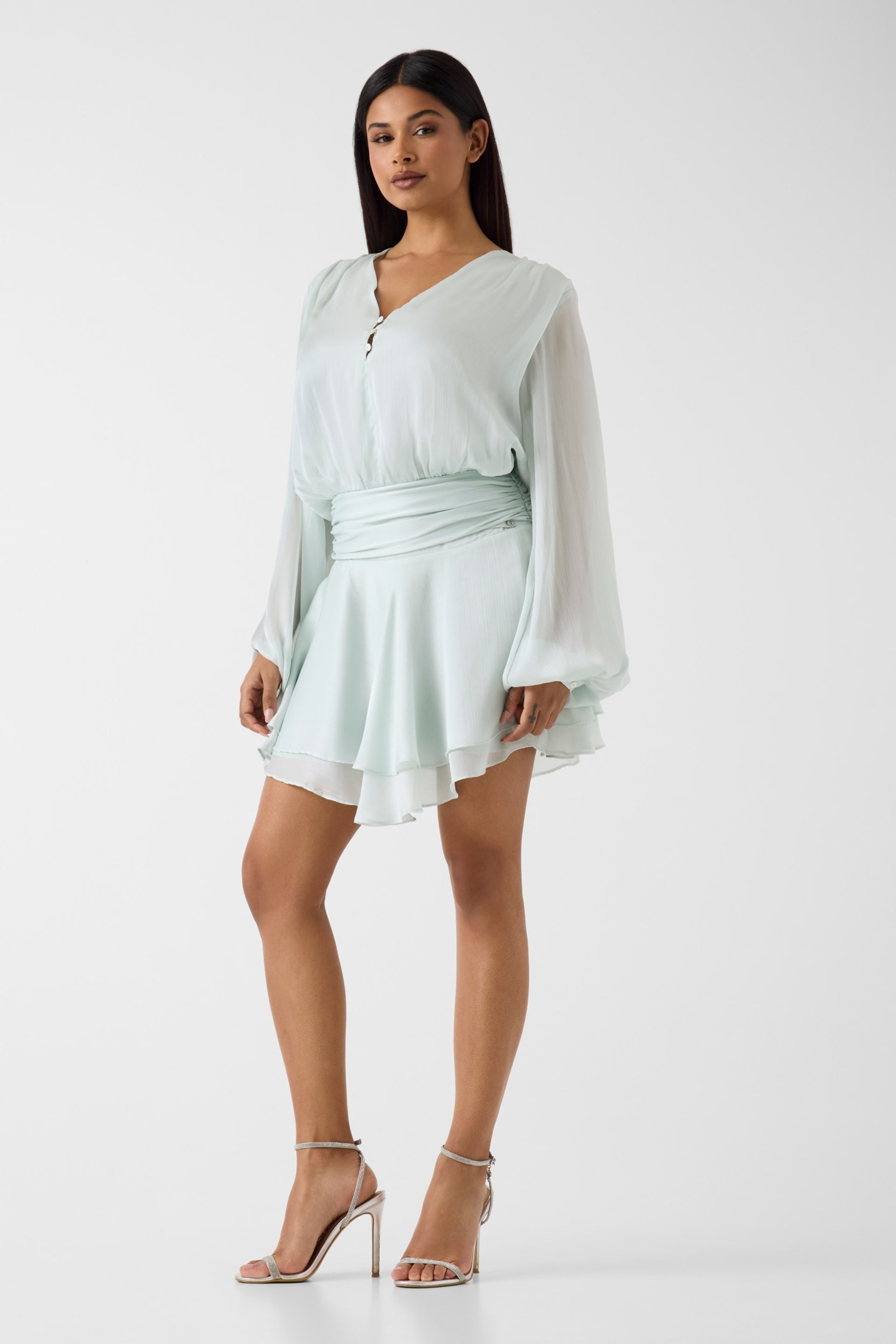 guess ruffled bodycon dress Chiffon Mini GUESS Category TTShop-published emerald green a line Size:15.5 Medium 32-33 Sleeve
