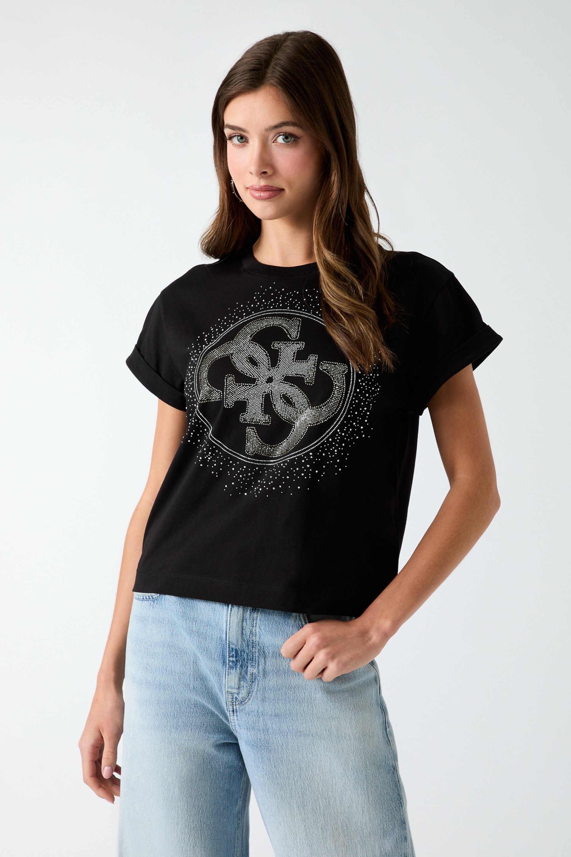 3日間限定セール‼️jentlouis Rhinestones T-shirt GUESS® Rhinestones logo t-shirt Women