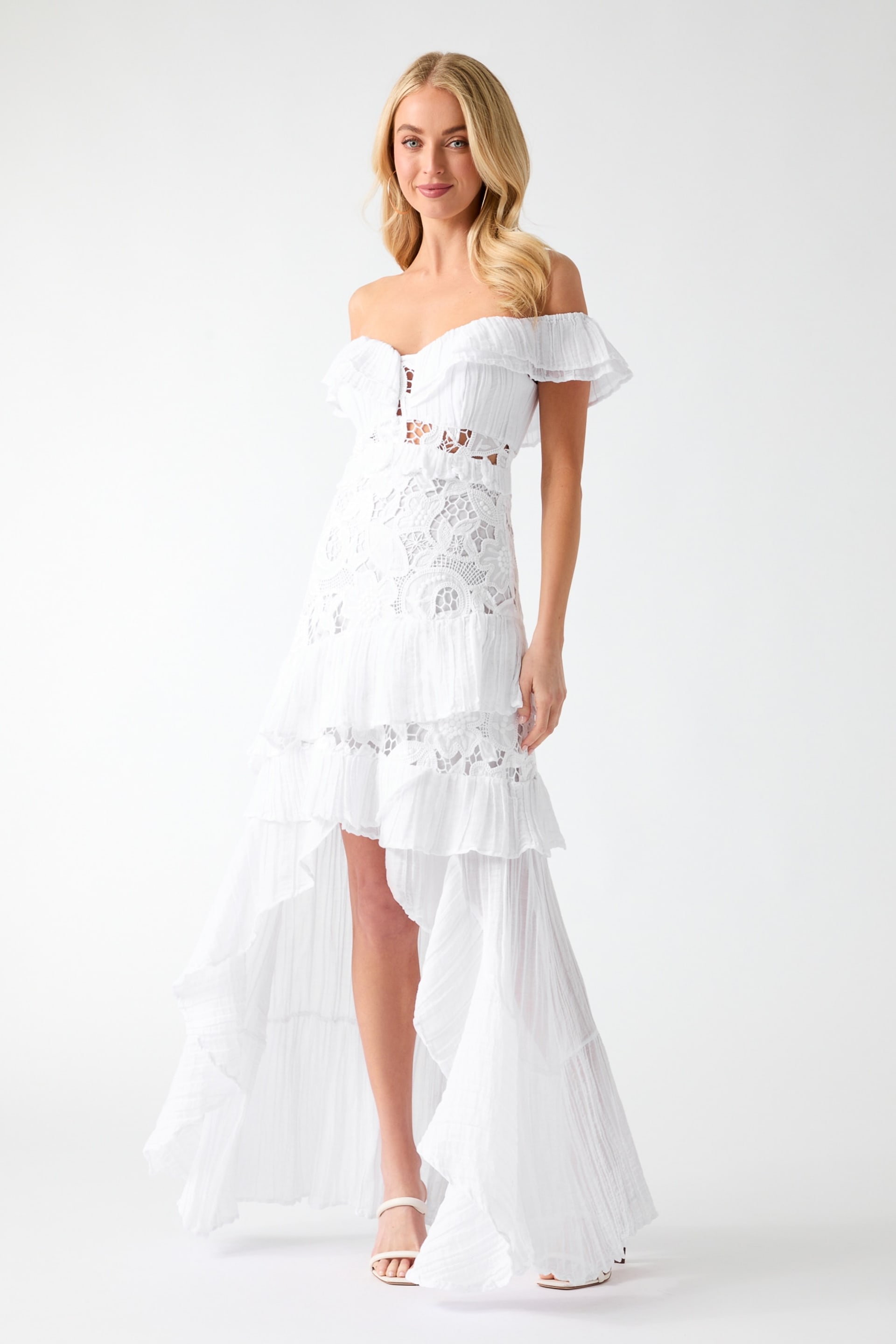 guess off the shoulder lace midi dress GUESS® Off shoulder lace dress Women