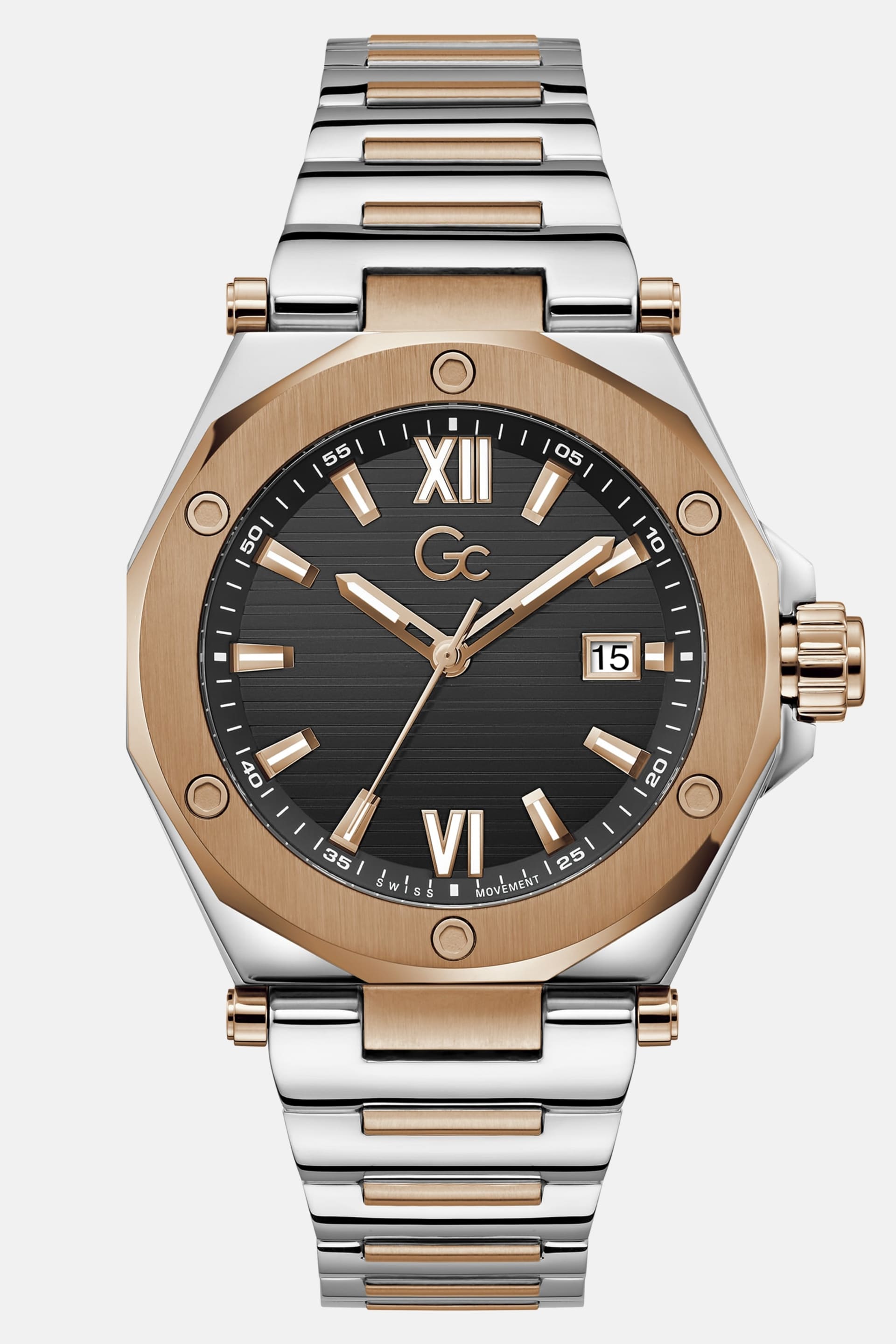 GUESS® Gc Silver and Rose Gold-Tone Multifunctional Watch Men