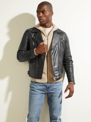 Guess brown leather jacket mens
