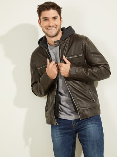 brown leather jacket guess