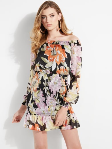 guess printed off the shoulder dress