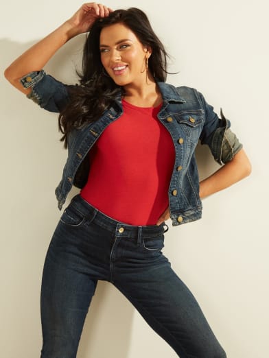 half red half black jean jacket