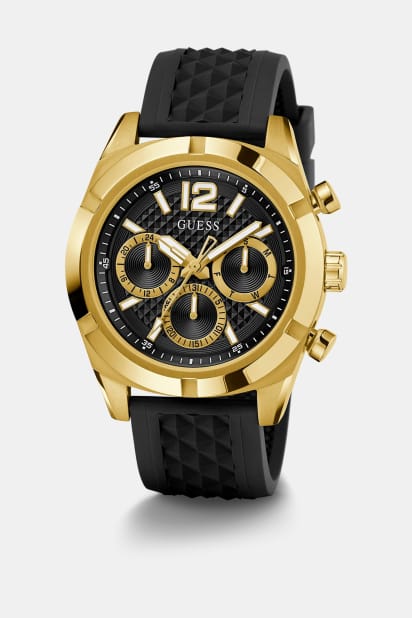 Orologio Uomo GUESS - Multifunzione, Quadrante Nero E Dettagli Oro, Cinturino In Poliuretano Nero - 46 Mm, Resistente All'Acqua 50m