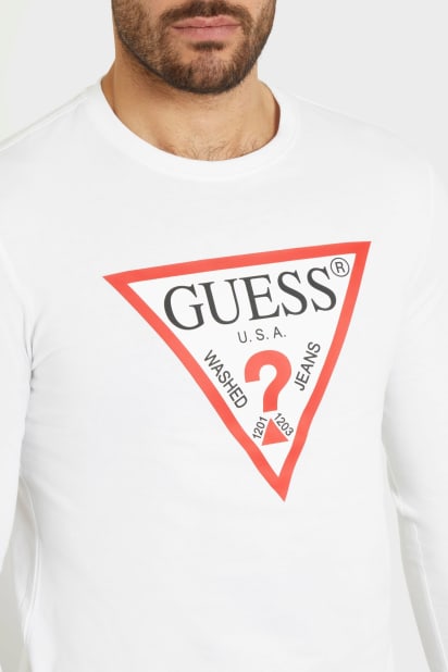GUESS T-shirt Uomo Maniche Lunghe Muscari - Eco, Cotone Biologico, Tinta Unita, Logo Sul Petto - 4