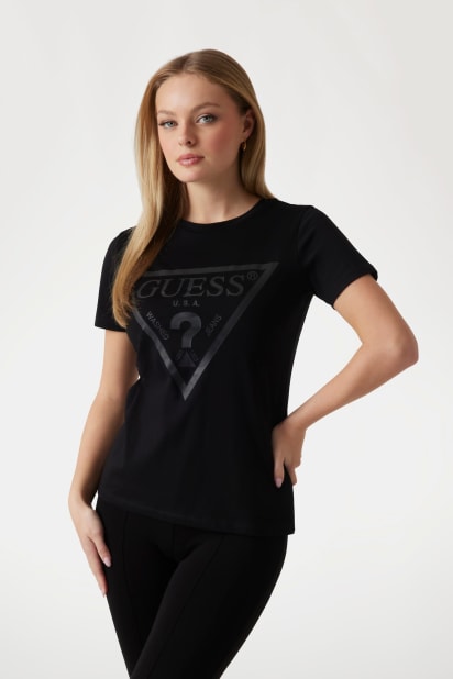 GUESS Maglietta Donna RN S/S Log - T-Shirt A Maniche Corte Con Logo, Vestibilità Regolare, Cotone